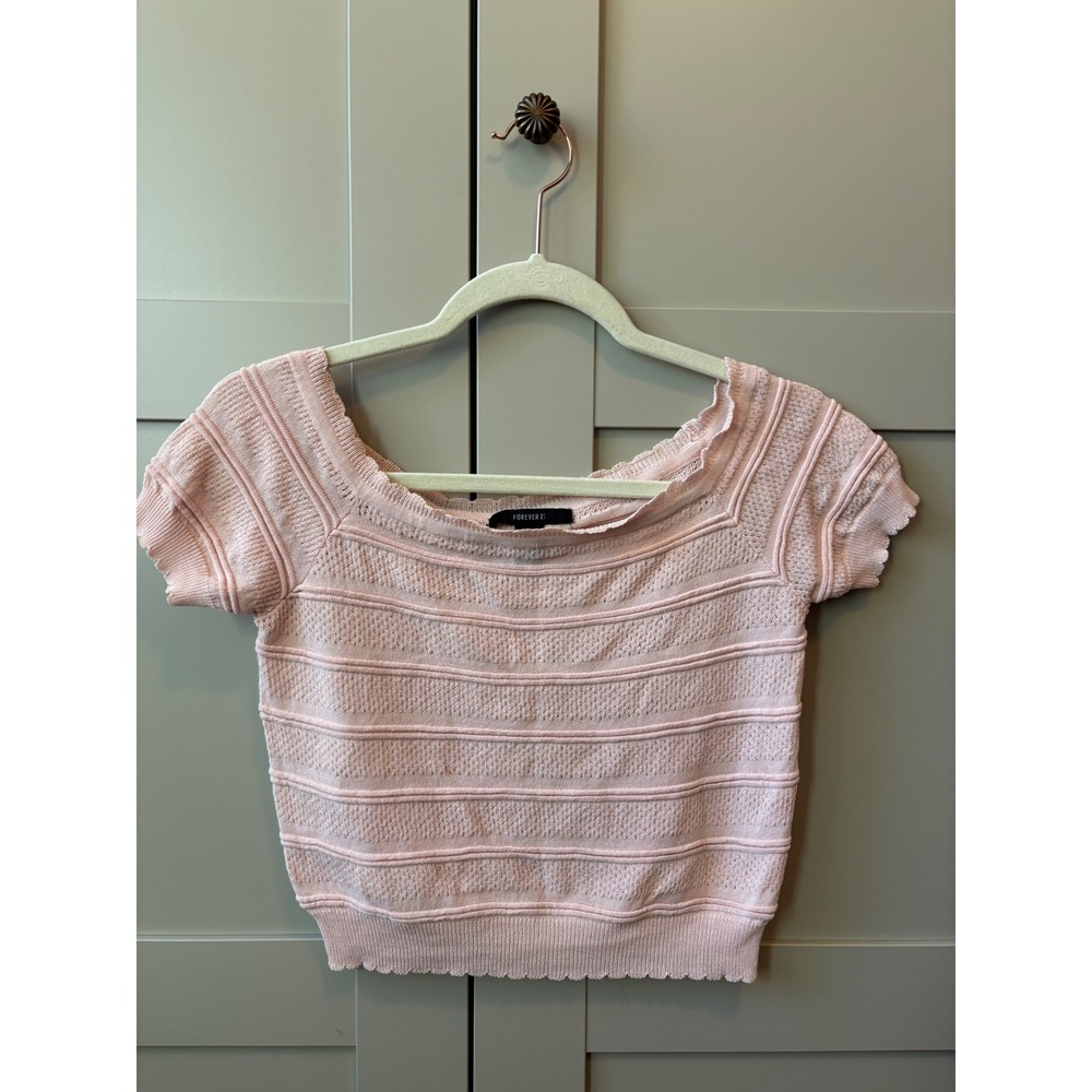 Pink Knit Crop Top Fairycore Y2K Coquette Short Sleeve Scoop Neck Medium